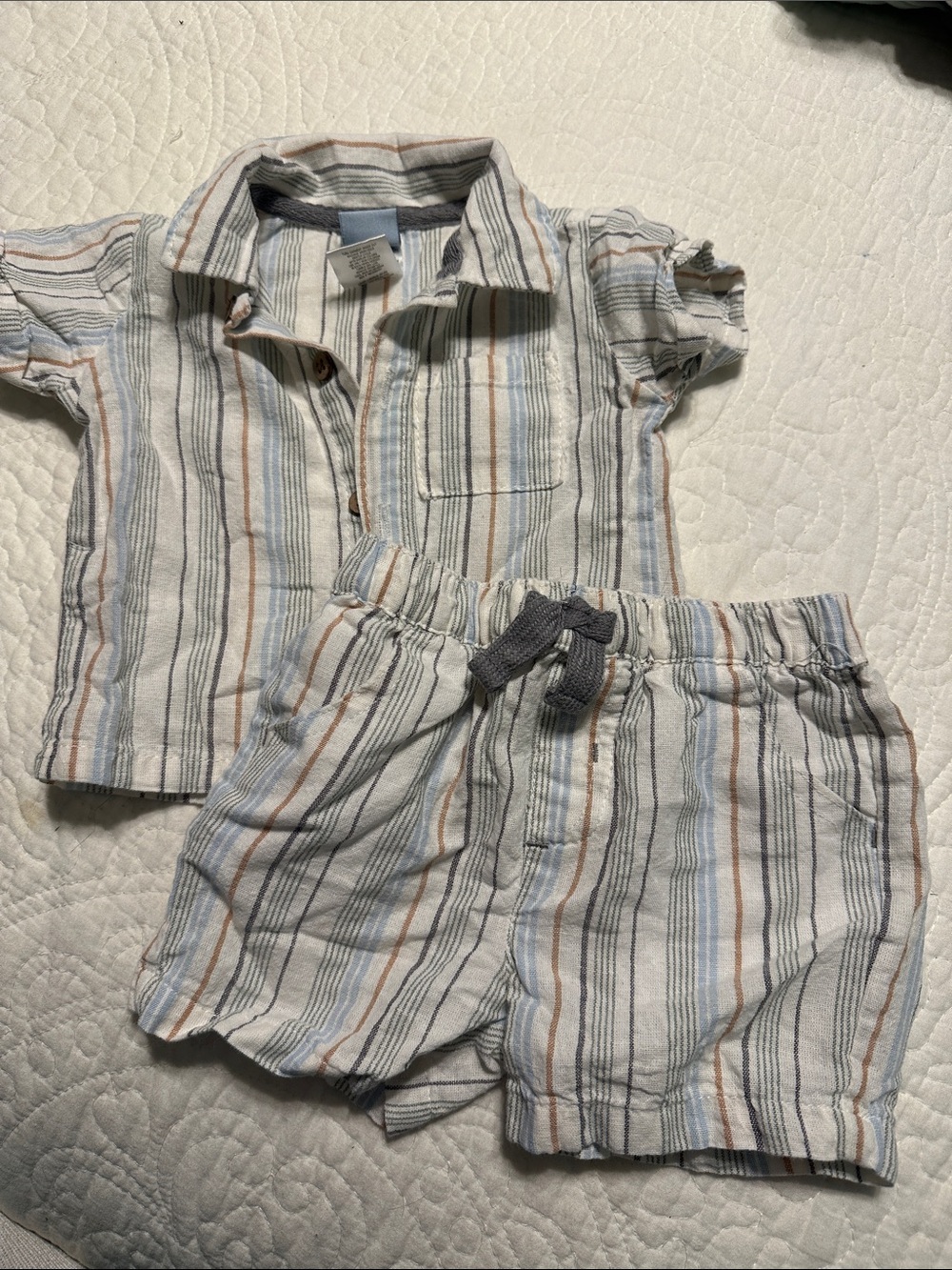 0280 Infant Striped Short Set - Cream & Blue Matching Shirt and Shorts size 3-6